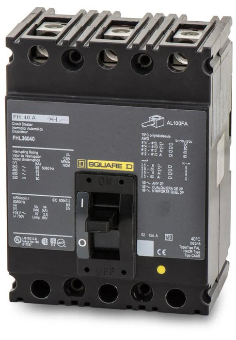 Interruptor MCCB Schneider Square D FHL36040, 3P, 40 A, 600 V, 25 kA @480 V - Schneider Electric